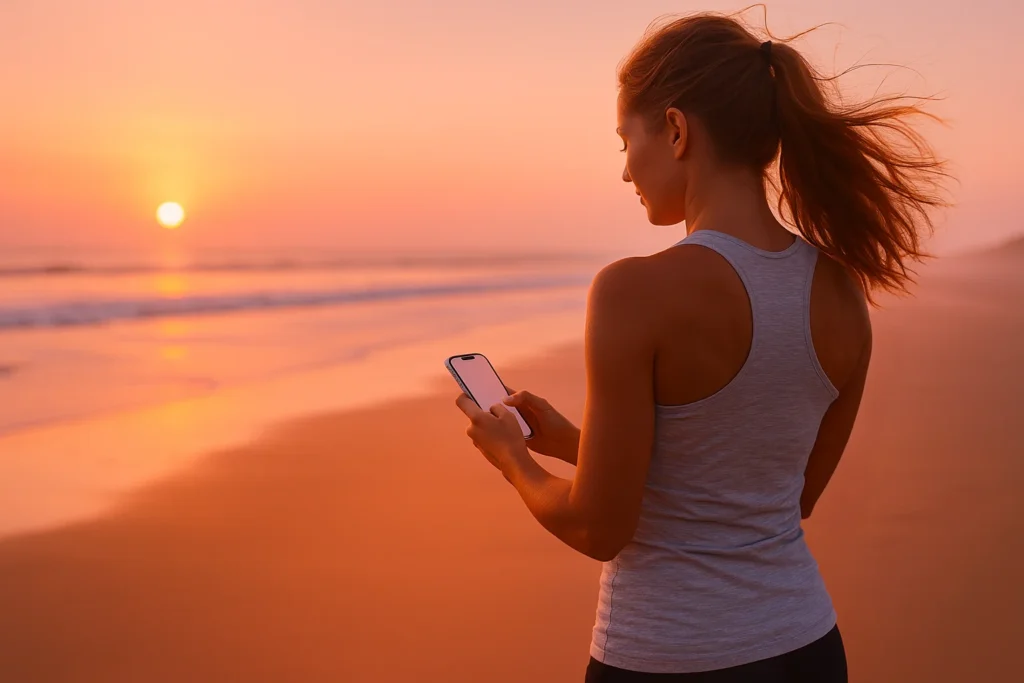 A young woman standing on a beach at sunrise, typing on her Phone, symbolizing balance between mindfulness, technology, and mental well-being
