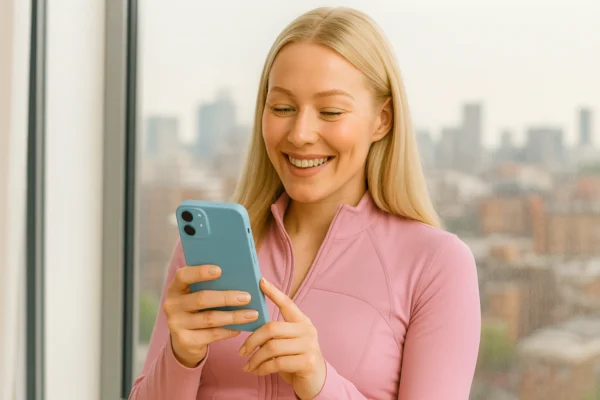 Young woman using text therapy app on her iPhone