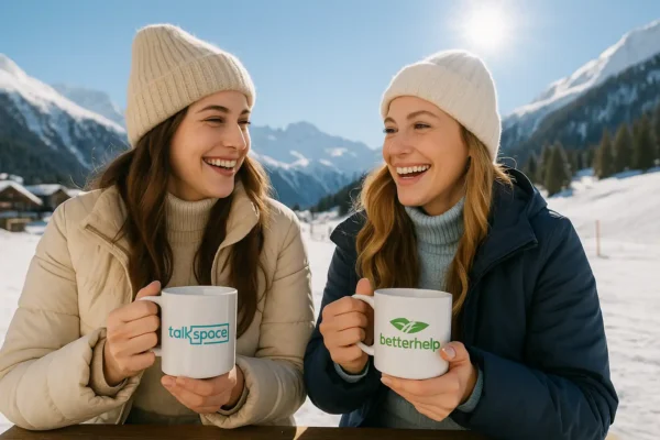 Two young women celebrating New Year’s Eve holding coffee cups with Talkspace and BetterHelp logos — representing digital therapy choices for 2026.
